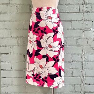 Floral Pencil Skirt in Bright Pink Navy Blue and White